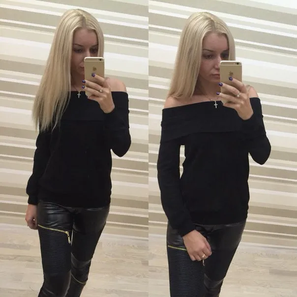 Off Shoulder Pure Color Long Sleeves Loose T-shirt Sweatshirt