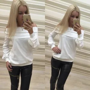 Off Shoulder Pure Color Long Sleeves Loose T-shirt Sweatshirt