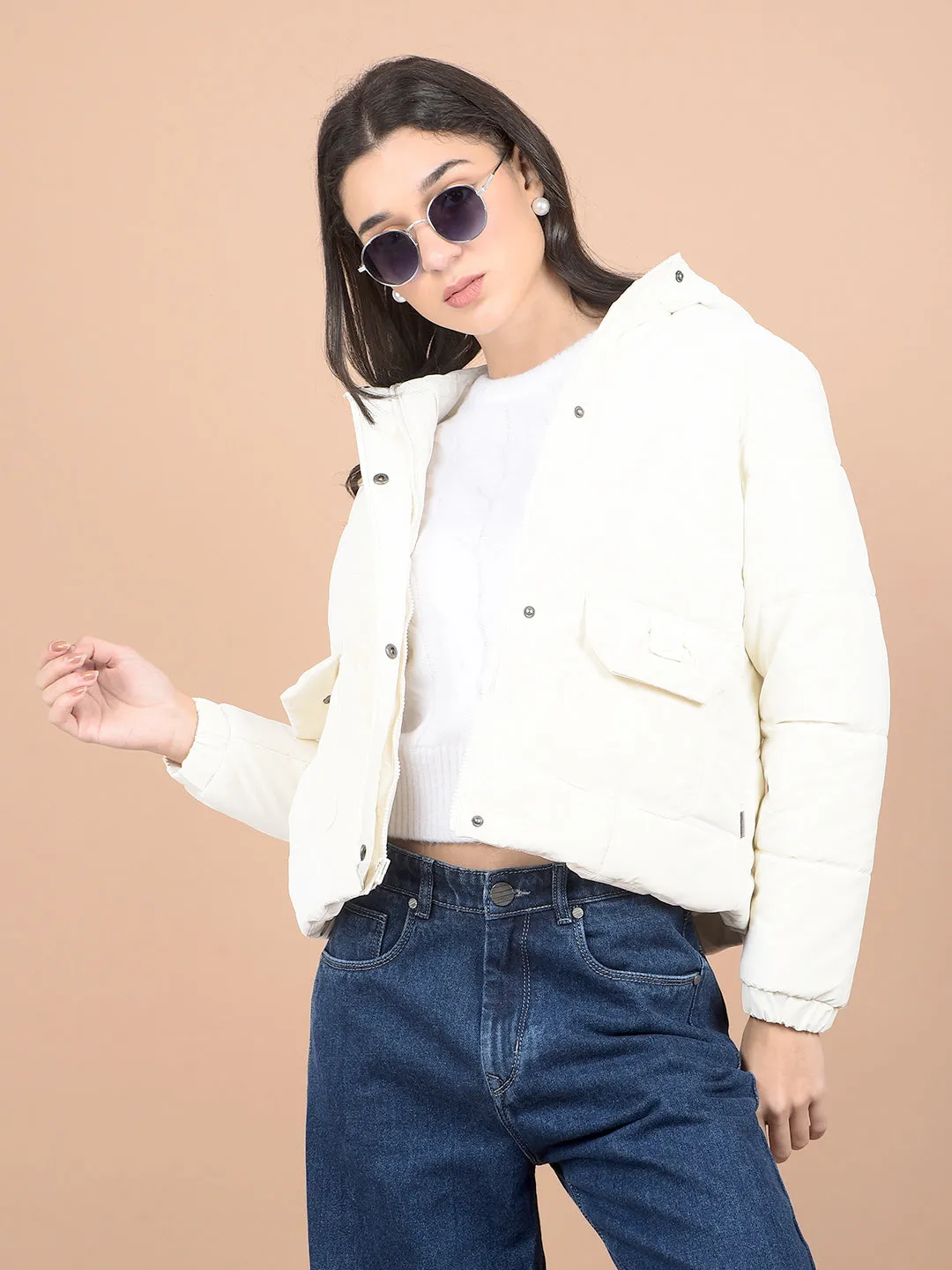 Off White Hooded Neck Puffer Jacket