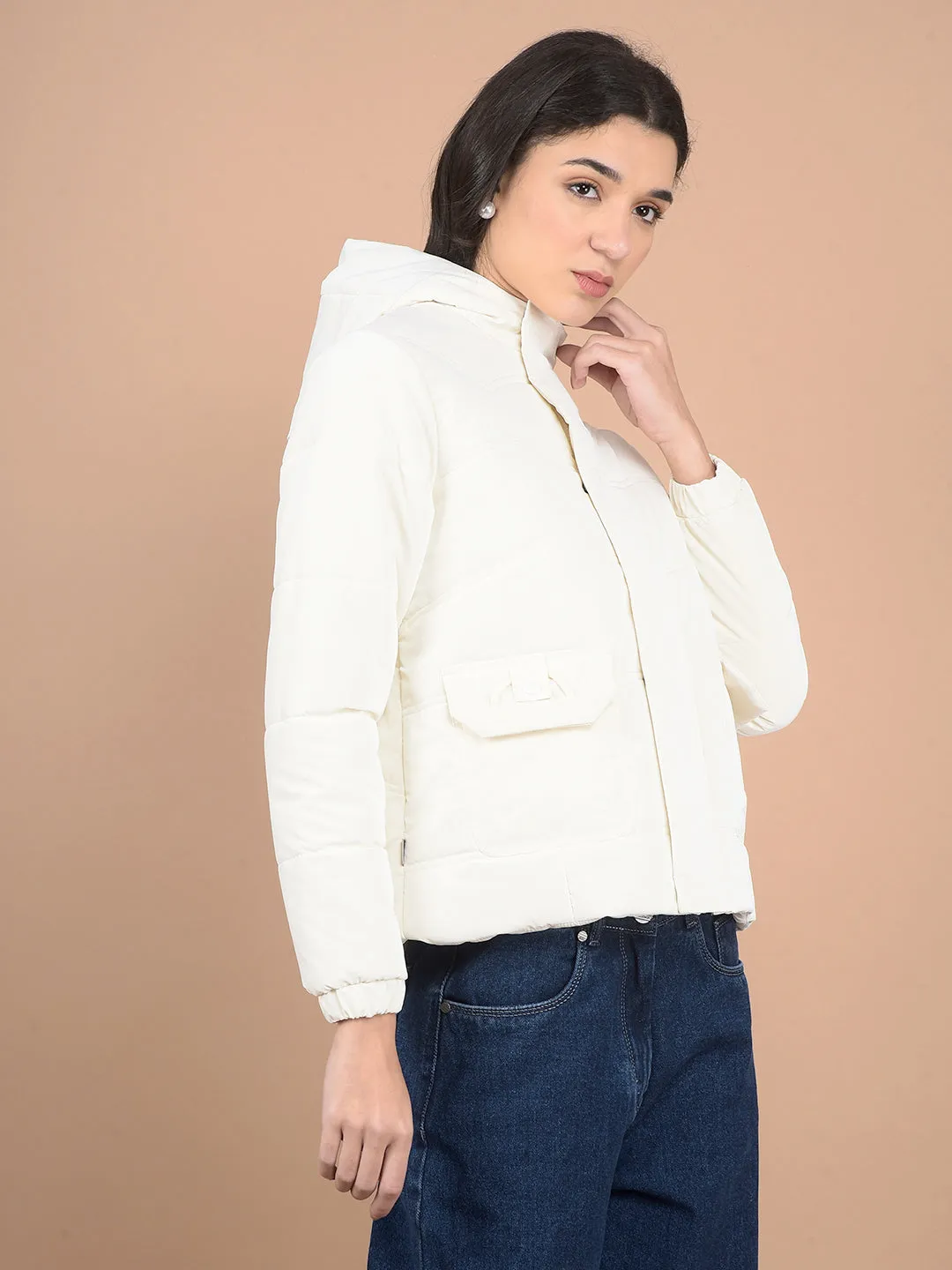 Off White Hooded Neck Puffer Jacket