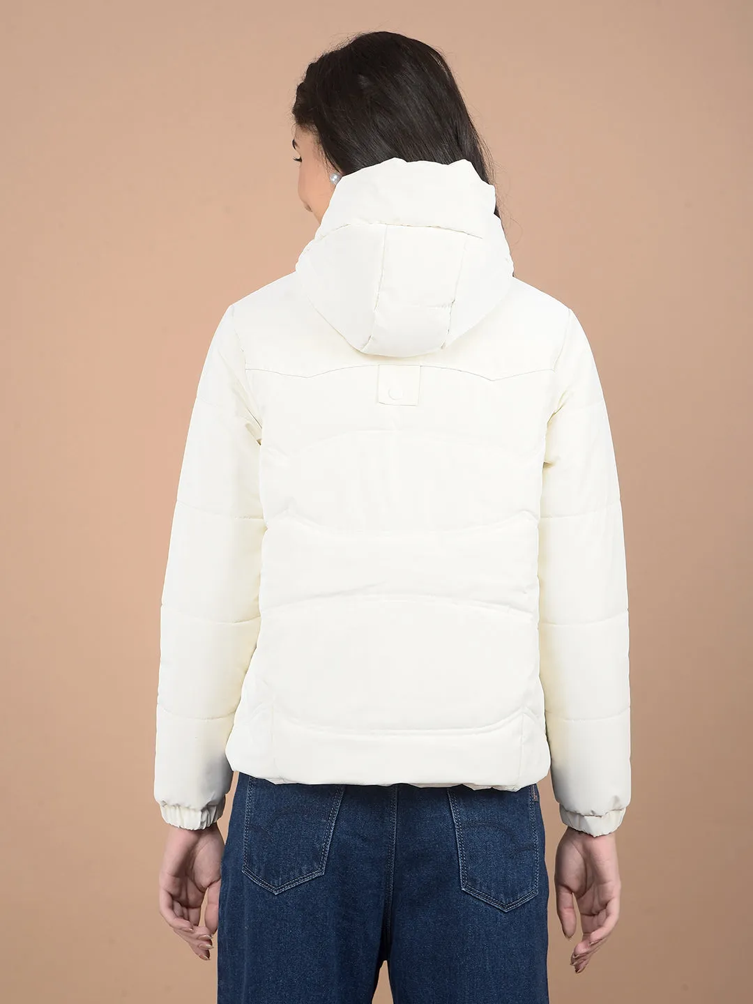 Off White Hooded Neck Puffer Jacket