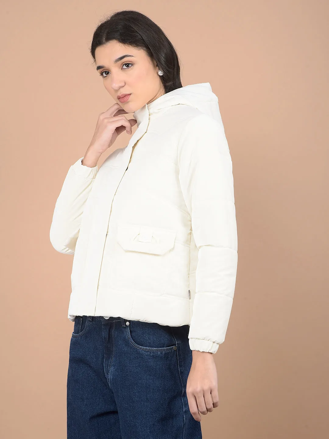 Off White Hooded Neck Puffer Jacket