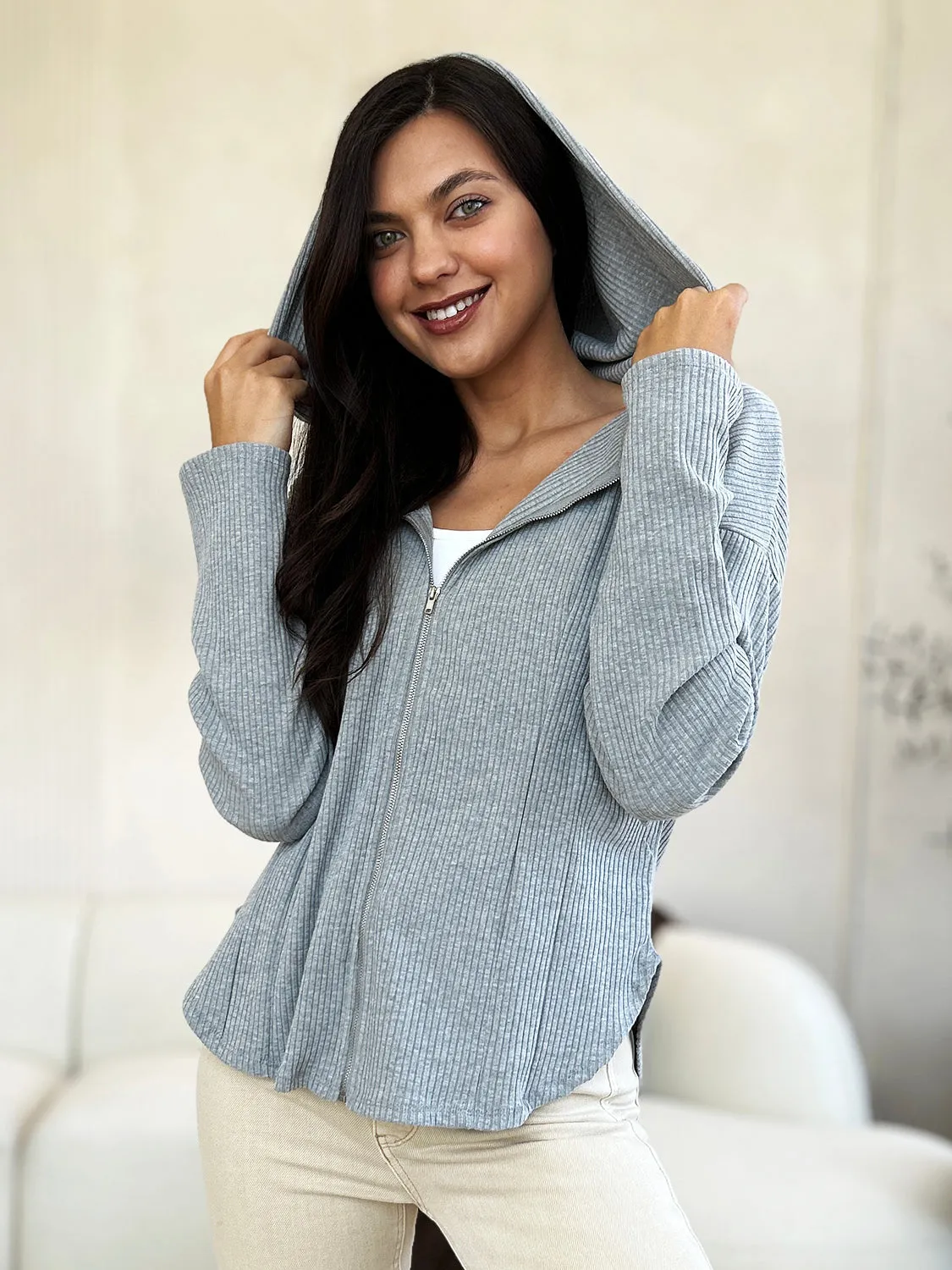 Ribbed Zip Up Drawstring Hooded Jacket
