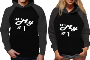 She's My Number 1 & He's My Number 1 Couple Matching Raglan Hoodies – Comfortable Unisex Pullover | Sold Separately in Sizes & Colors