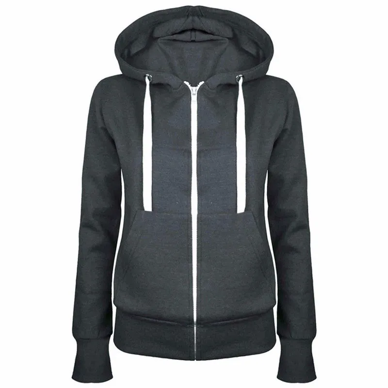 Solid Color Zipper Drawstring Slim Hoodie