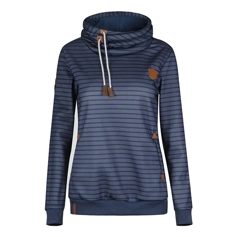 Stripes High Neck Drawstring Pocket Slim Hoodie
