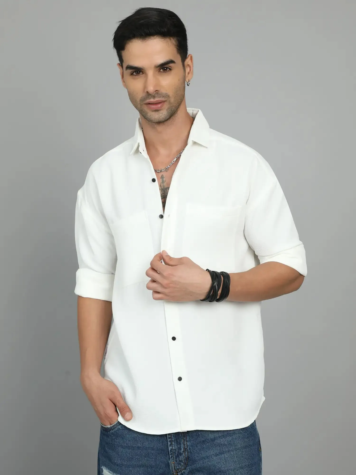 THICK AND TEXTURED WHITE IMPORTED DROP SHOULDER SHIRT