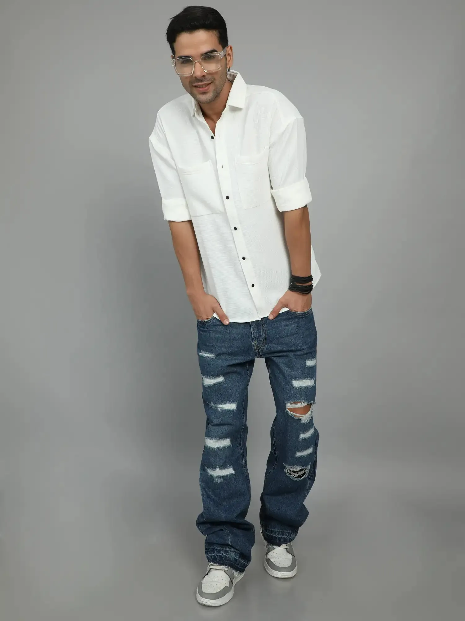 THICK AND TEXTURED WHITE IMPORTED DROP SHOULDER SHIRT