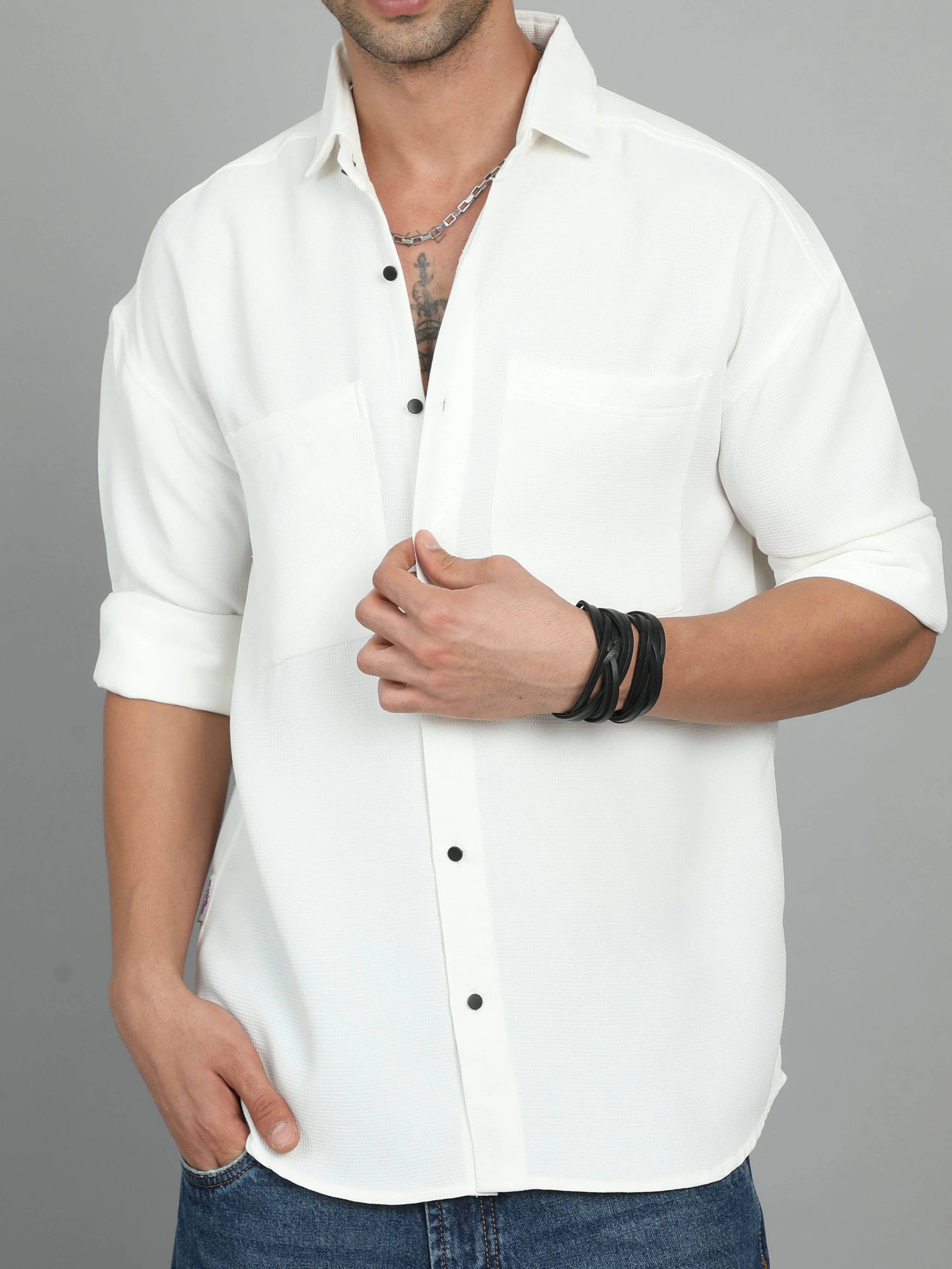 THICK AND TEXTURED WHITE IMPORTED DROP SHOULDER SHIRT