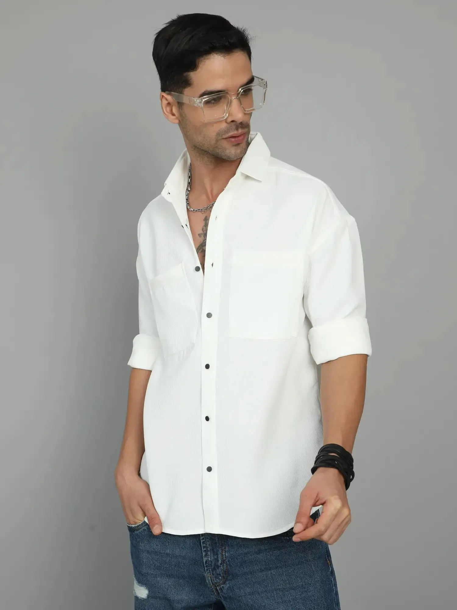 THICK AND TEXTURED WHITE IMPORTED DROP SHOULDER SHIRT