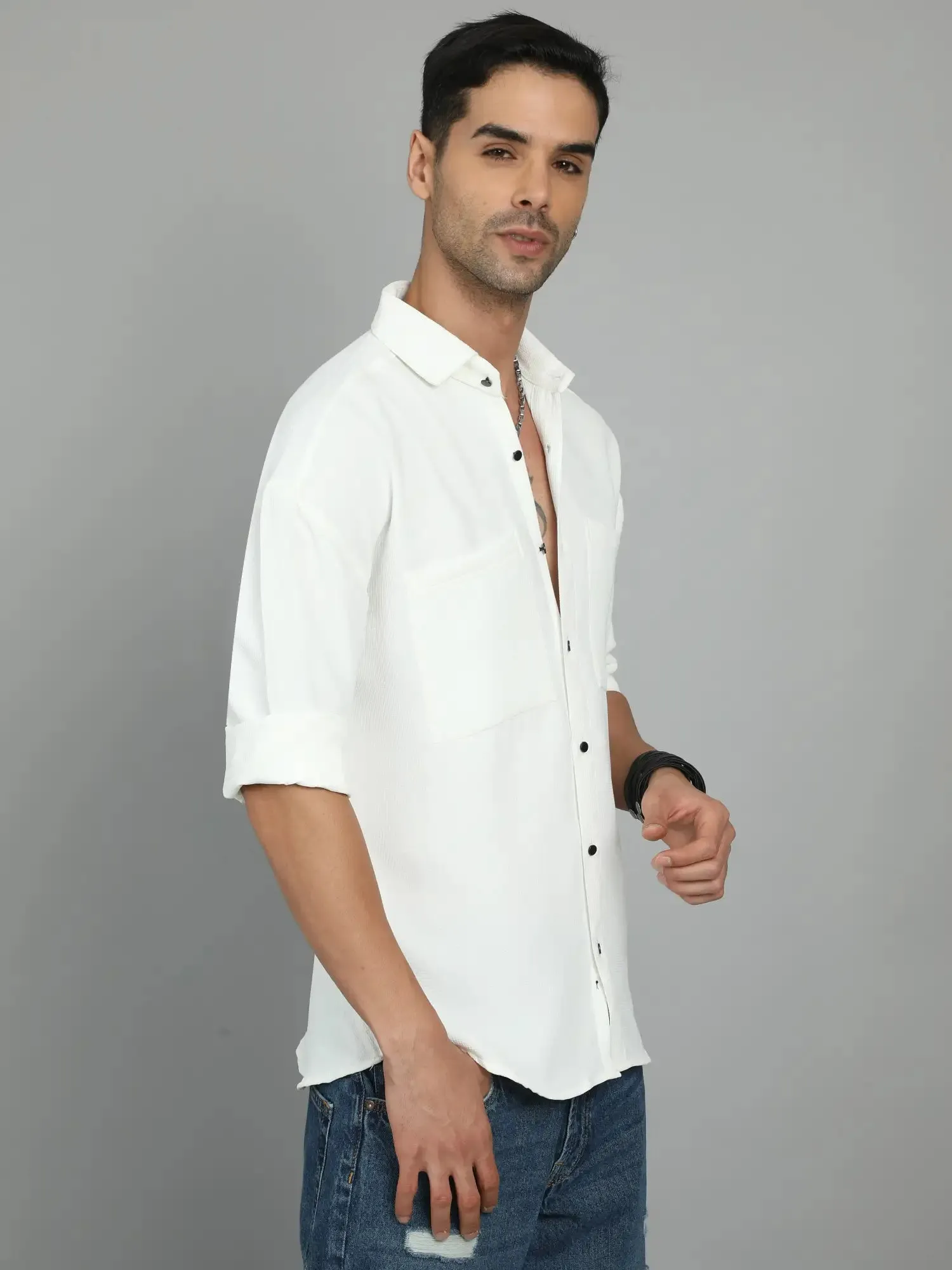 THICK AND TEXTURED WHITE IMPORTED DROP SHOULDER SHIRT