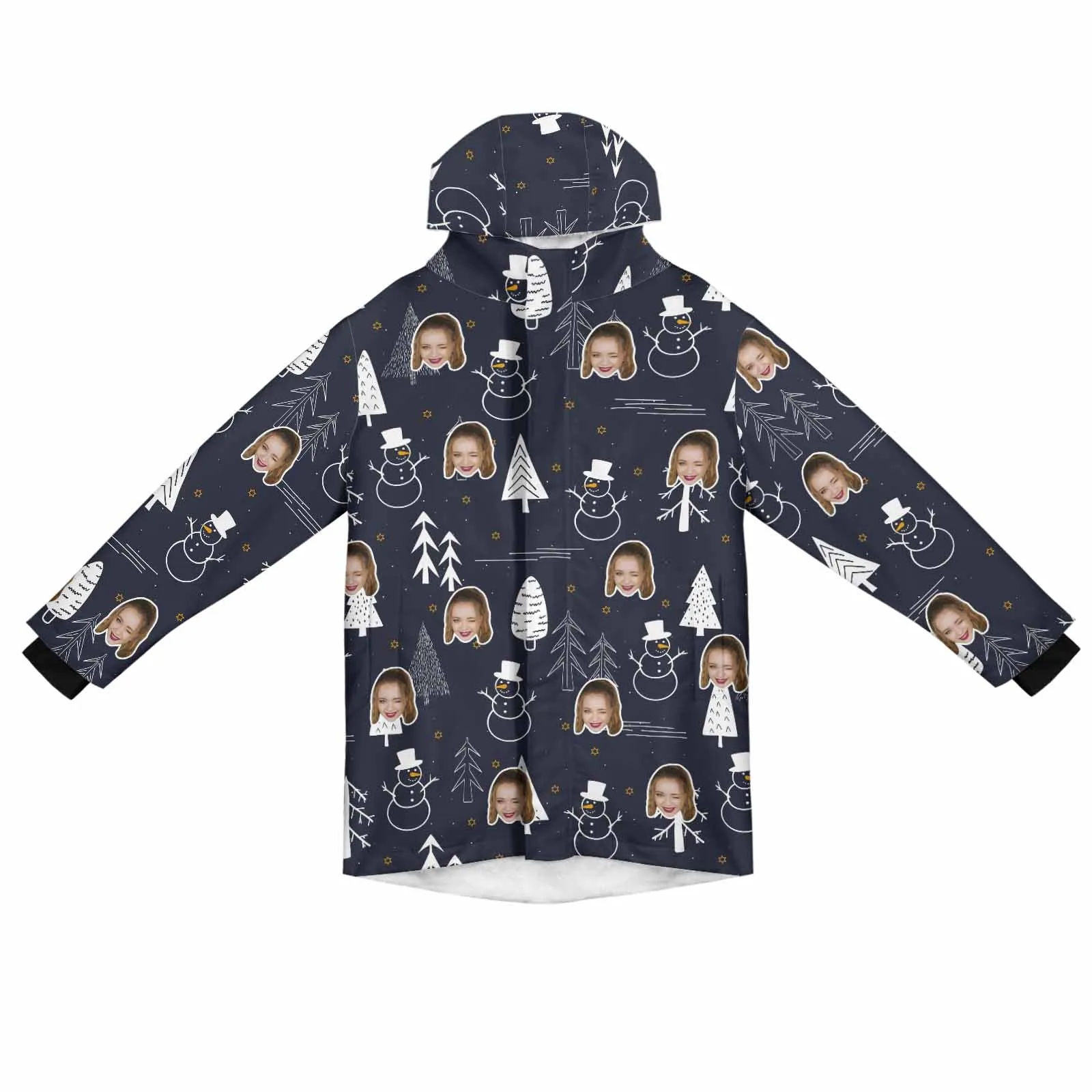[Thick and Warm] Custom Face Christmas Tree Mid-length Fleece-lined Jacket Men's Full Zip Hoodie