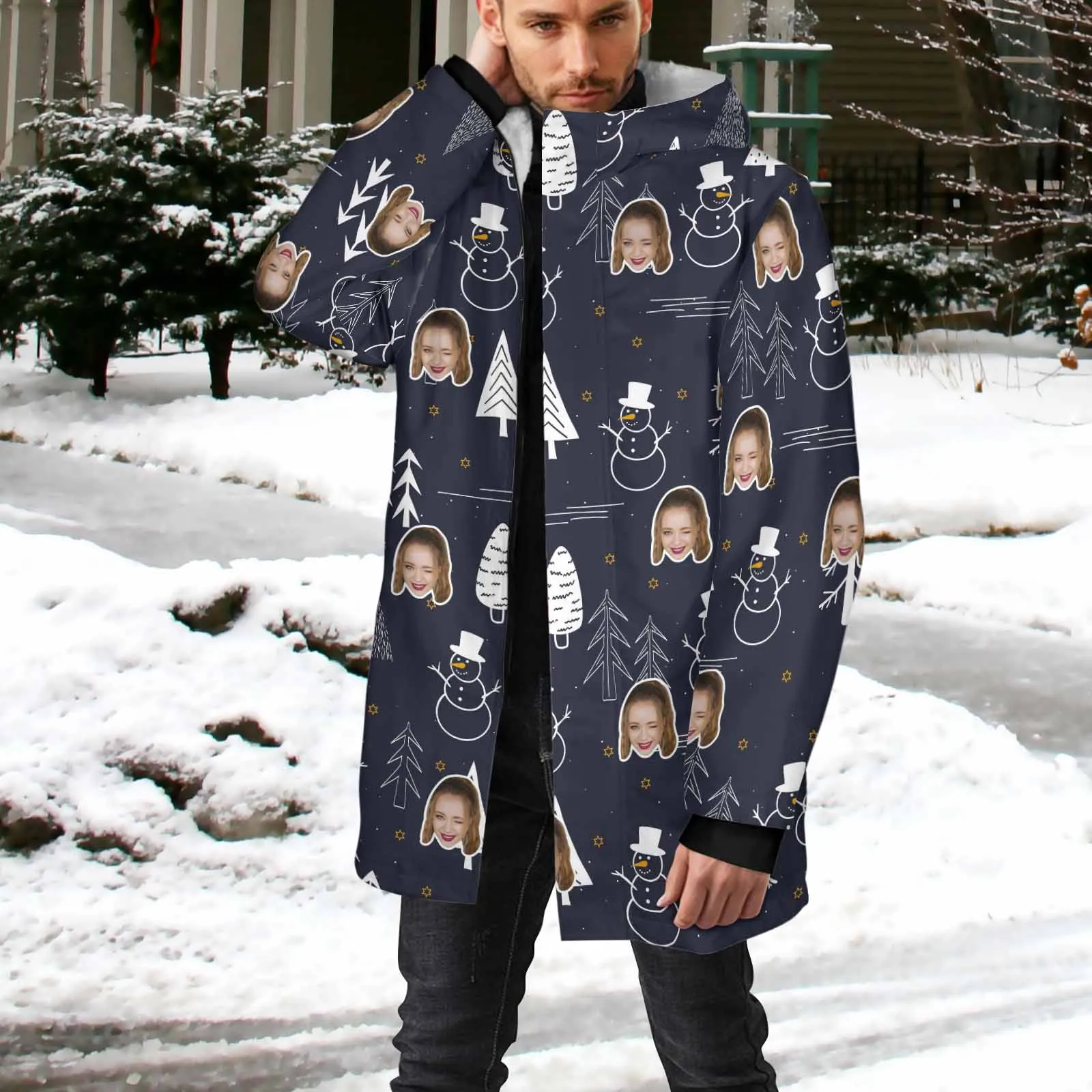 [Thick and Warm] Custom Face Christmas Tree Mid-length Fleece-lined Jacket Men's Full Zip Hoodie