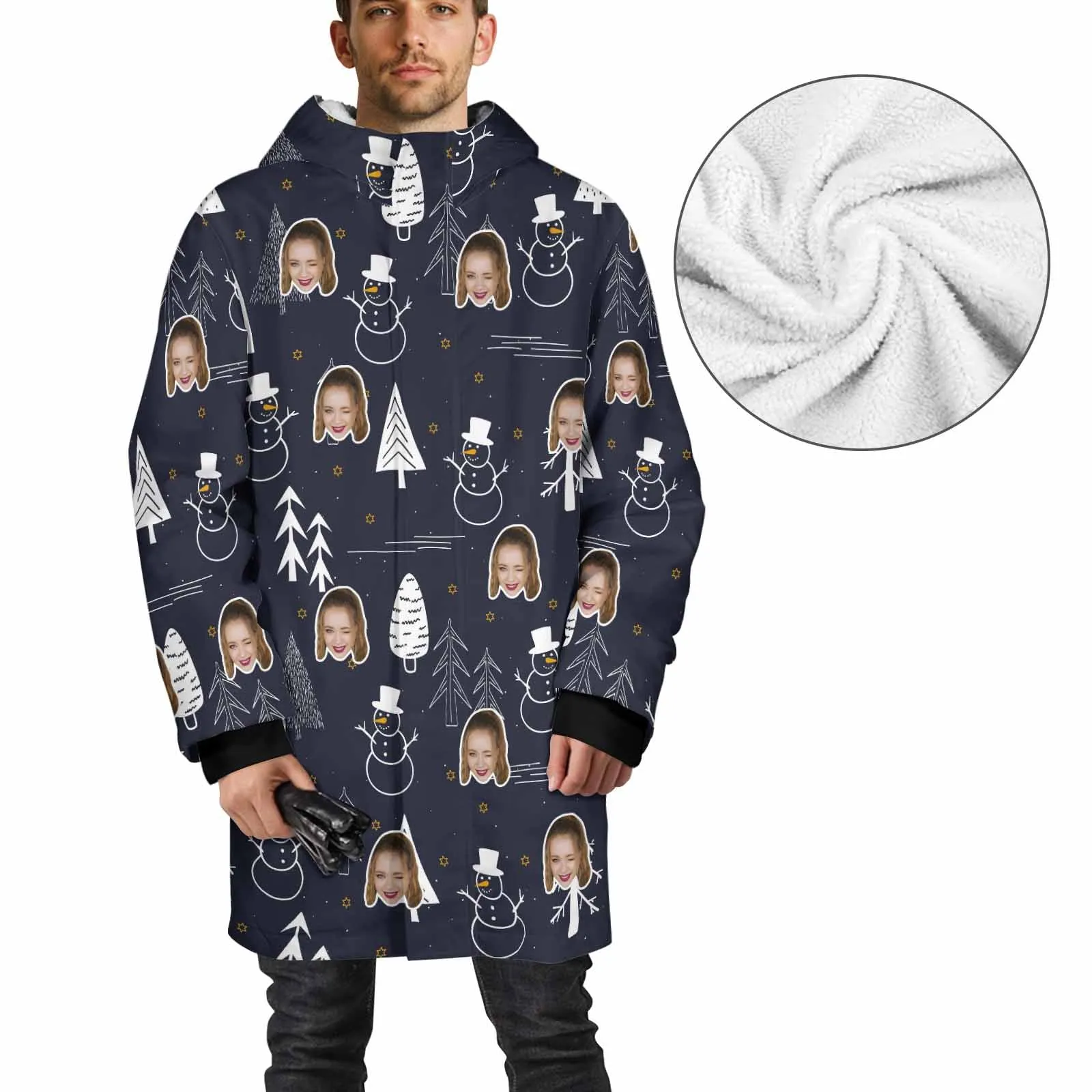 [Thick and Warm] Custom Face Christmas Tree Mid-length Fleece-lined Jacket Men's Full Zip Hoodie