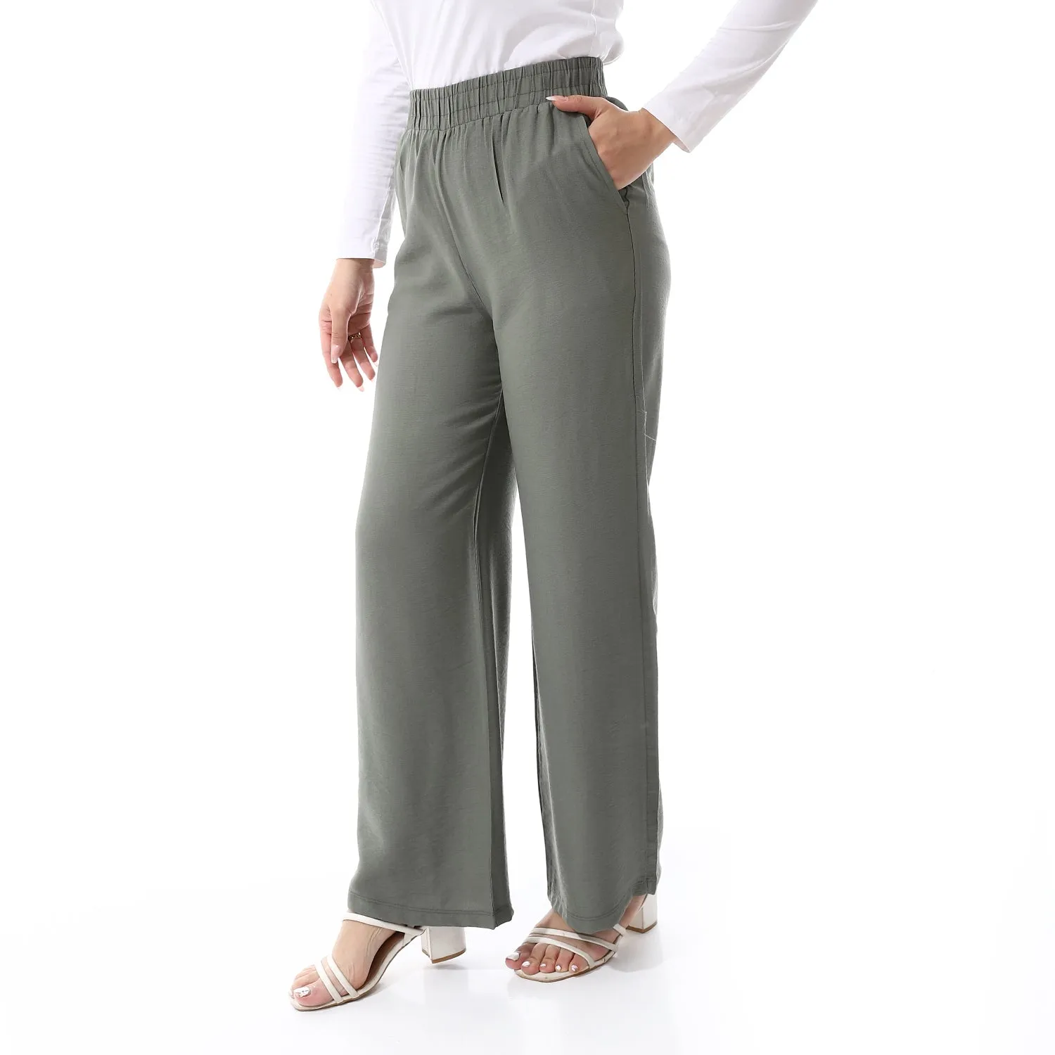 Wide Leg Elastic Waist Plain Buff Dark olive Pants