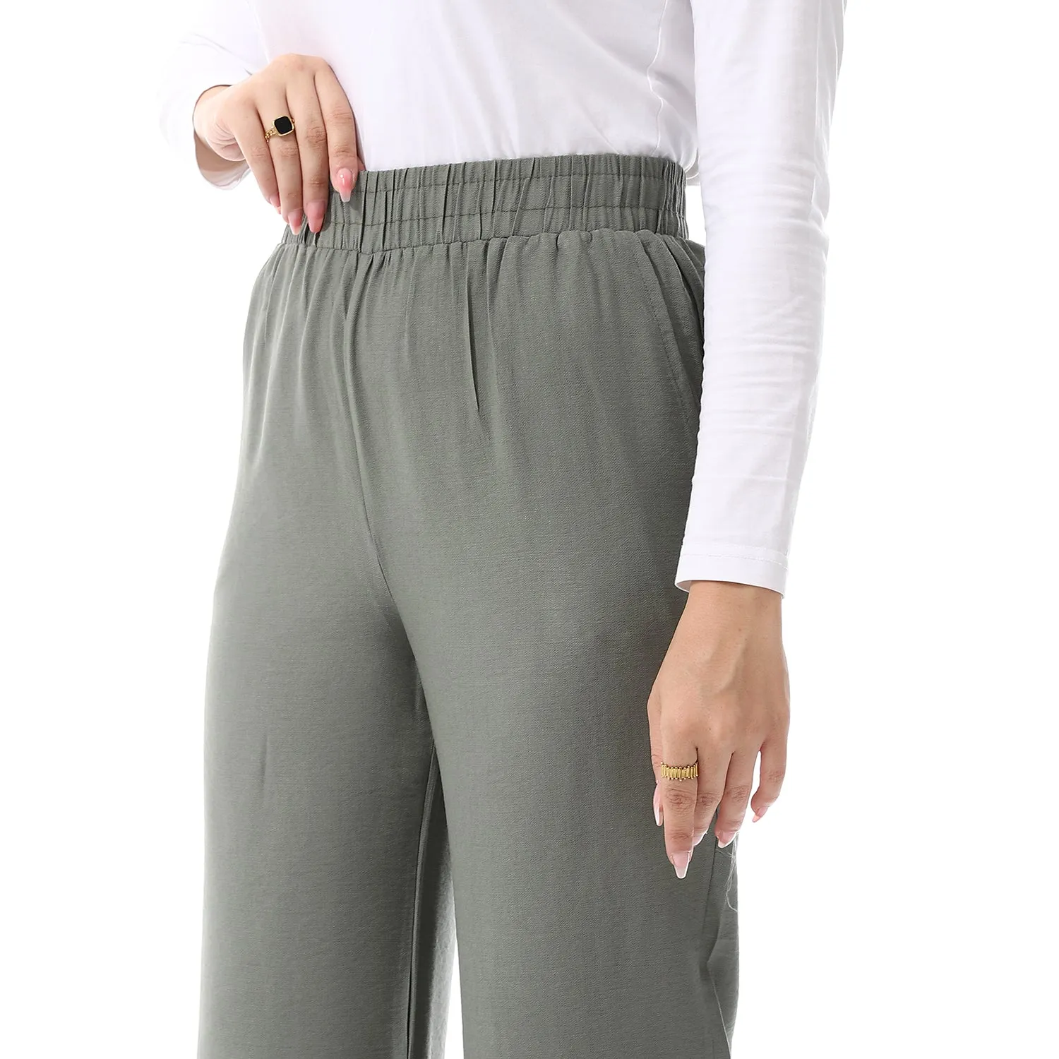 Wide Leg Elastic Waist Plain Buff Dark olive Pants