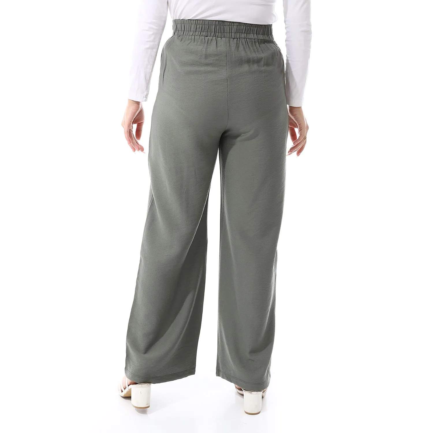 Wide Leg Elastic Waist Plain Buff Dark olive Pants