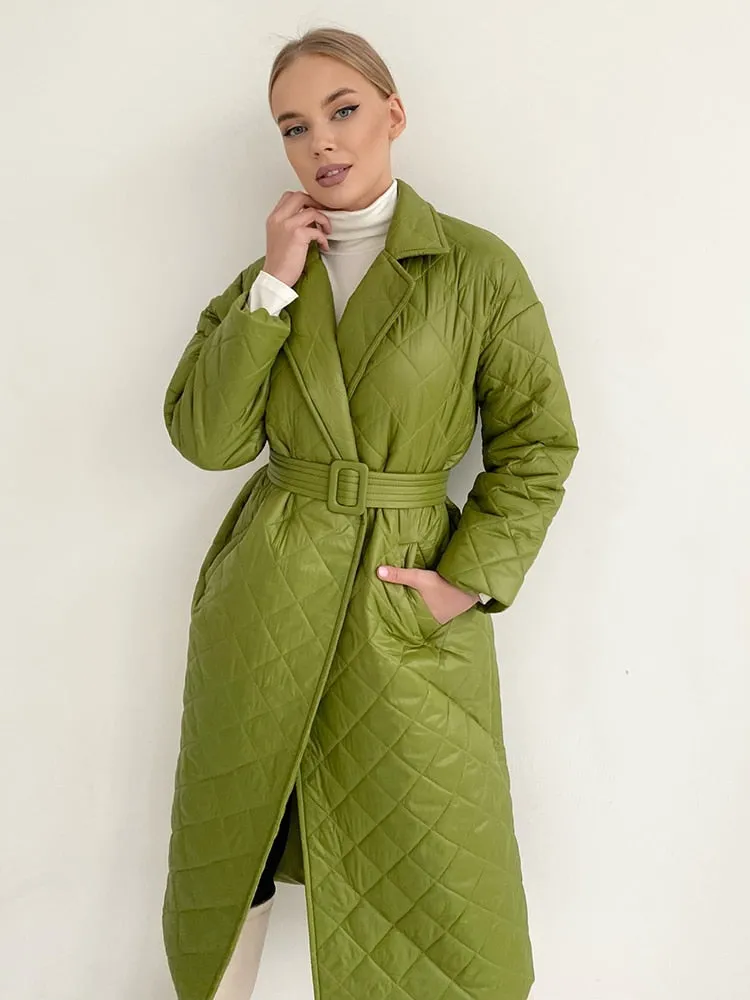 Winter Woman Coat Long Straight Rhombus Pattern Parkas Green Casual Sashes Windproof Warm Thick Coat Elegant Female Outwear